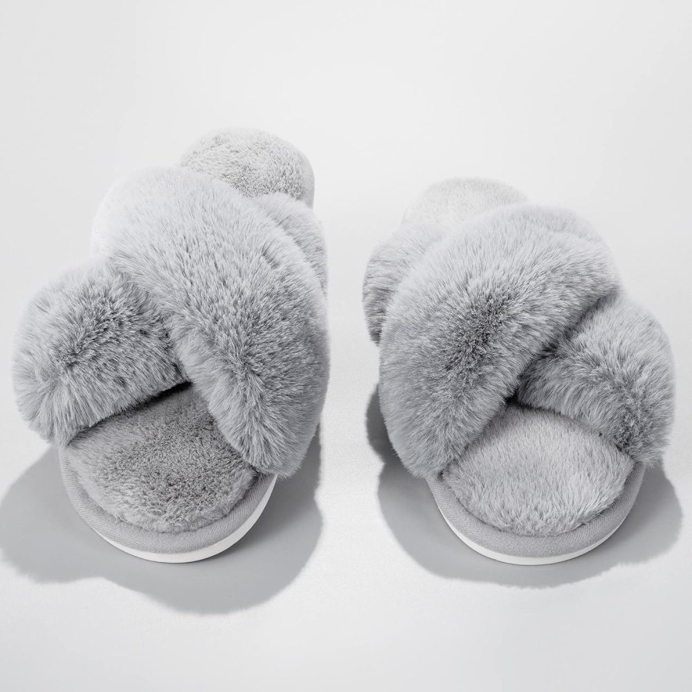 Women's Fuzzy Cross Band Indoor/Outdoor Soft Open Toe Slippers - Image 4