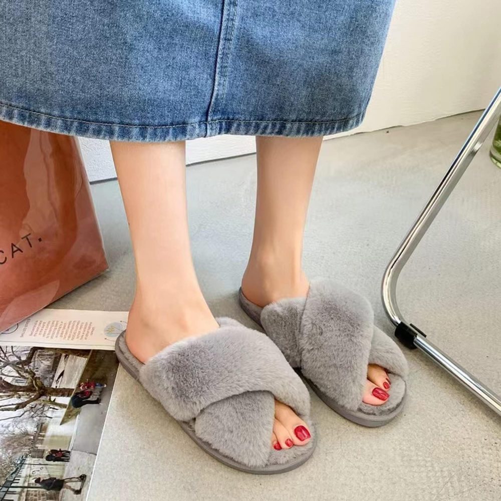 Women's Fuzzy Cross Band Indoor/Outdoor Soft Open Toe Slippers - Image 6