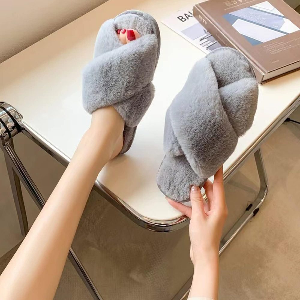 Women's Fuzzy Cross Band Indoor/Outdoor Soft Open Toe Slippers - Image 7