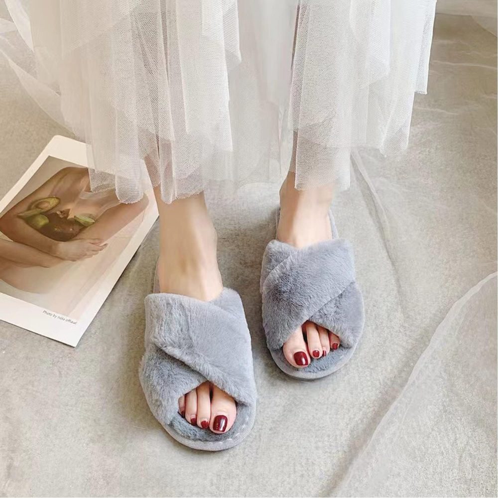 Women's Fuzzy Cross Band Indoor/Outdoor Soft Open Toe Slippers - Image 8